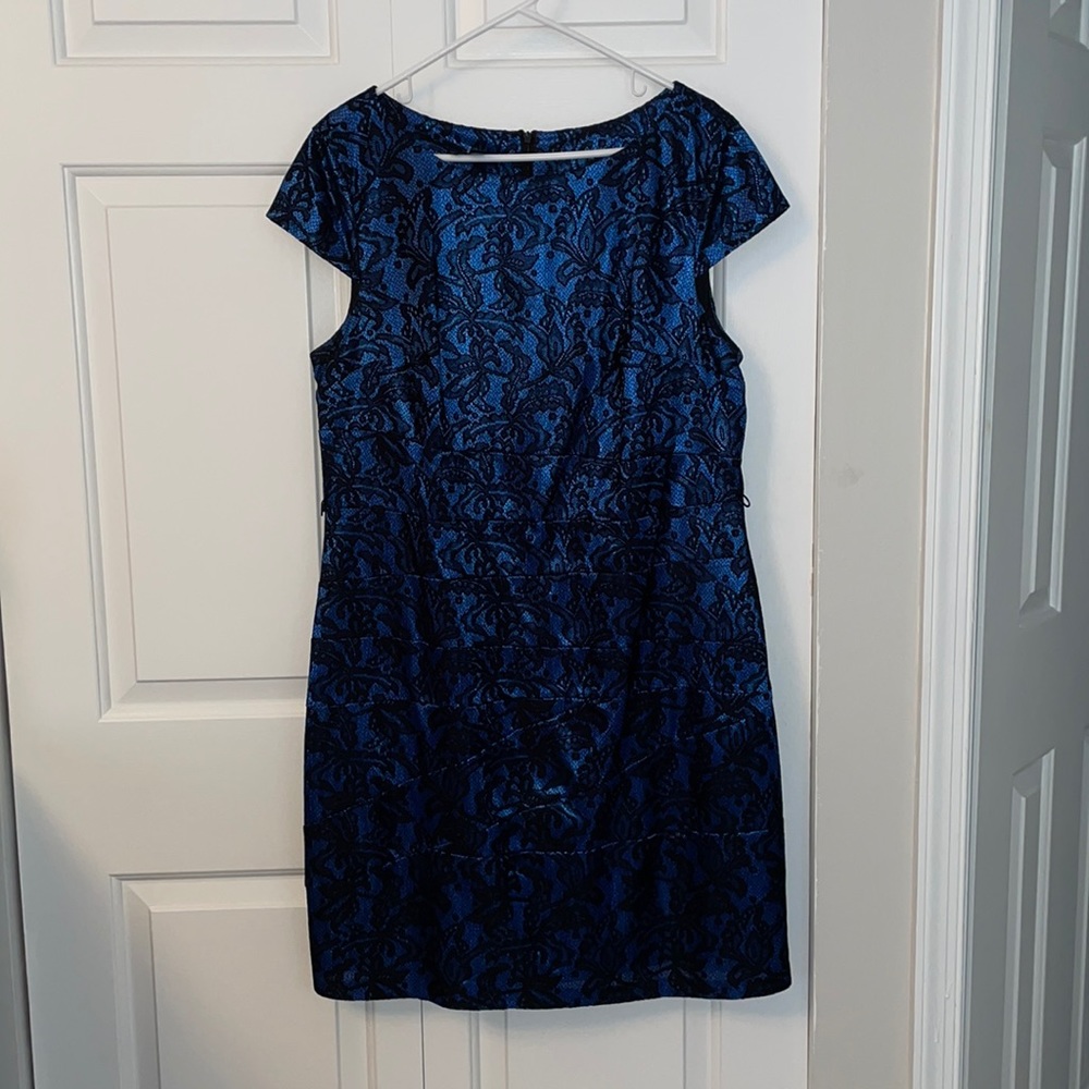 Black lace over blue sheath dress size 18
